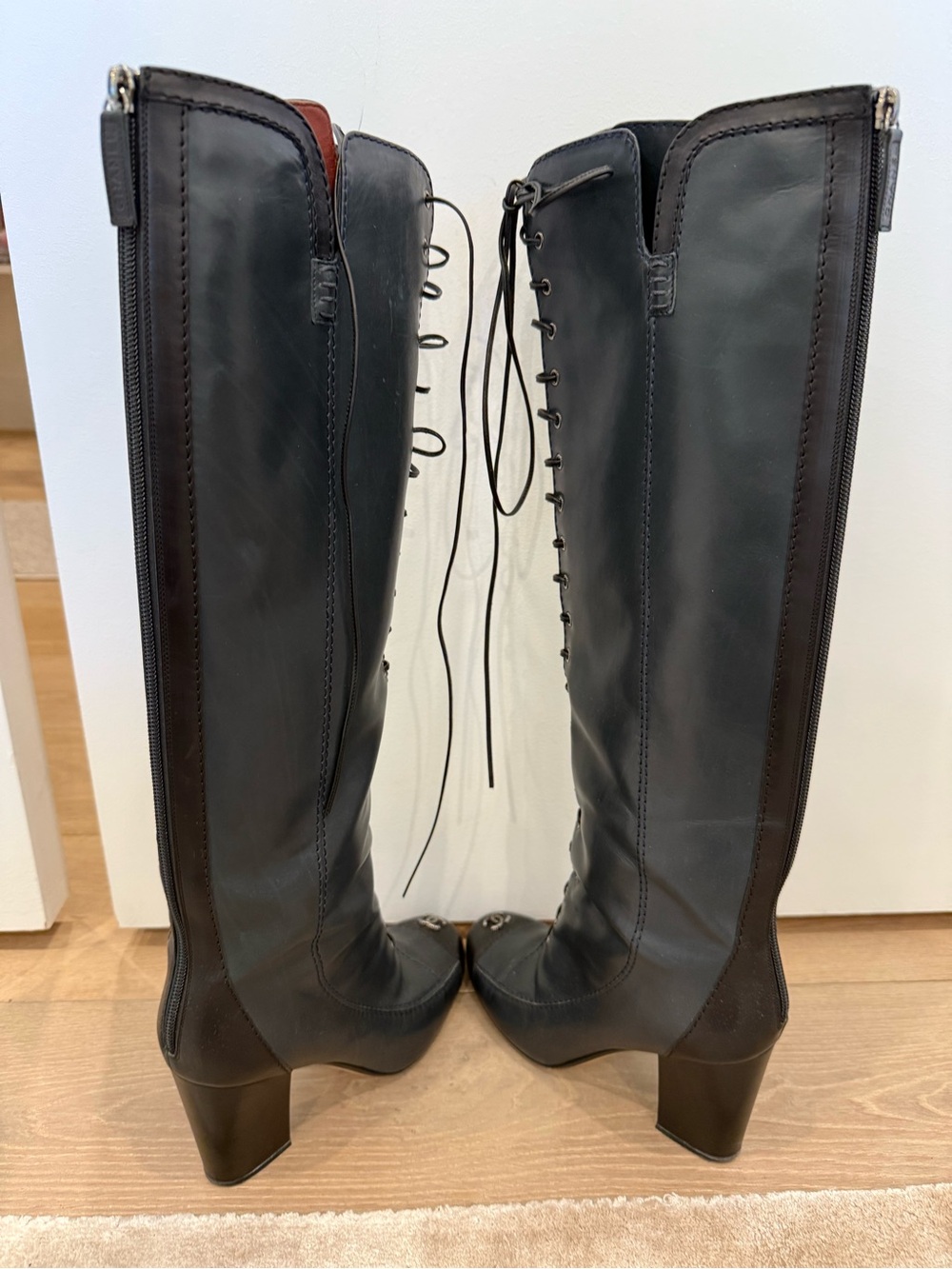 CHANEL Black Leather Over-the-Knee Lace-Up Boots - Picture 4 of 6
